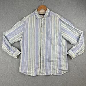 Tommy Bahama 100% Linen Button Up Shirt Striped Blue Green Large Men's‎ Shirt